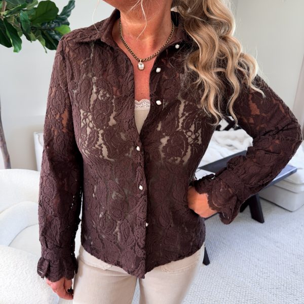 Skjortblus - Spets - Brun