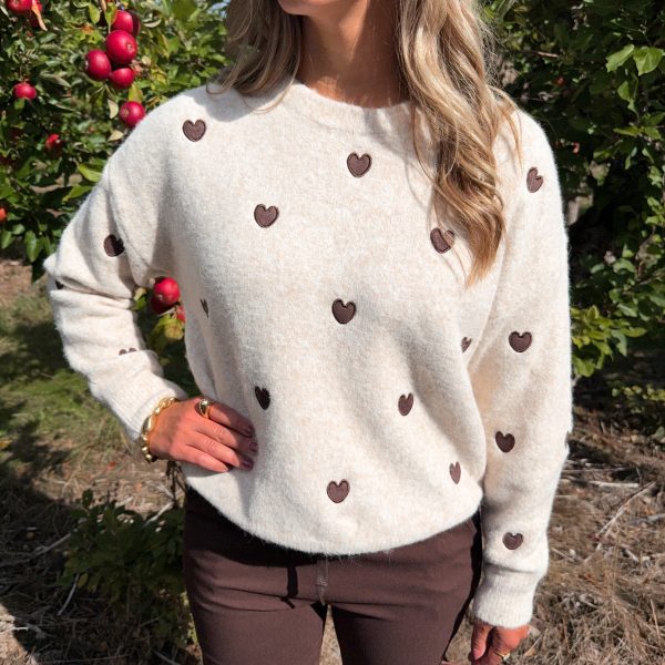 Stickad Tröja - Hjärta - Beige/Brun