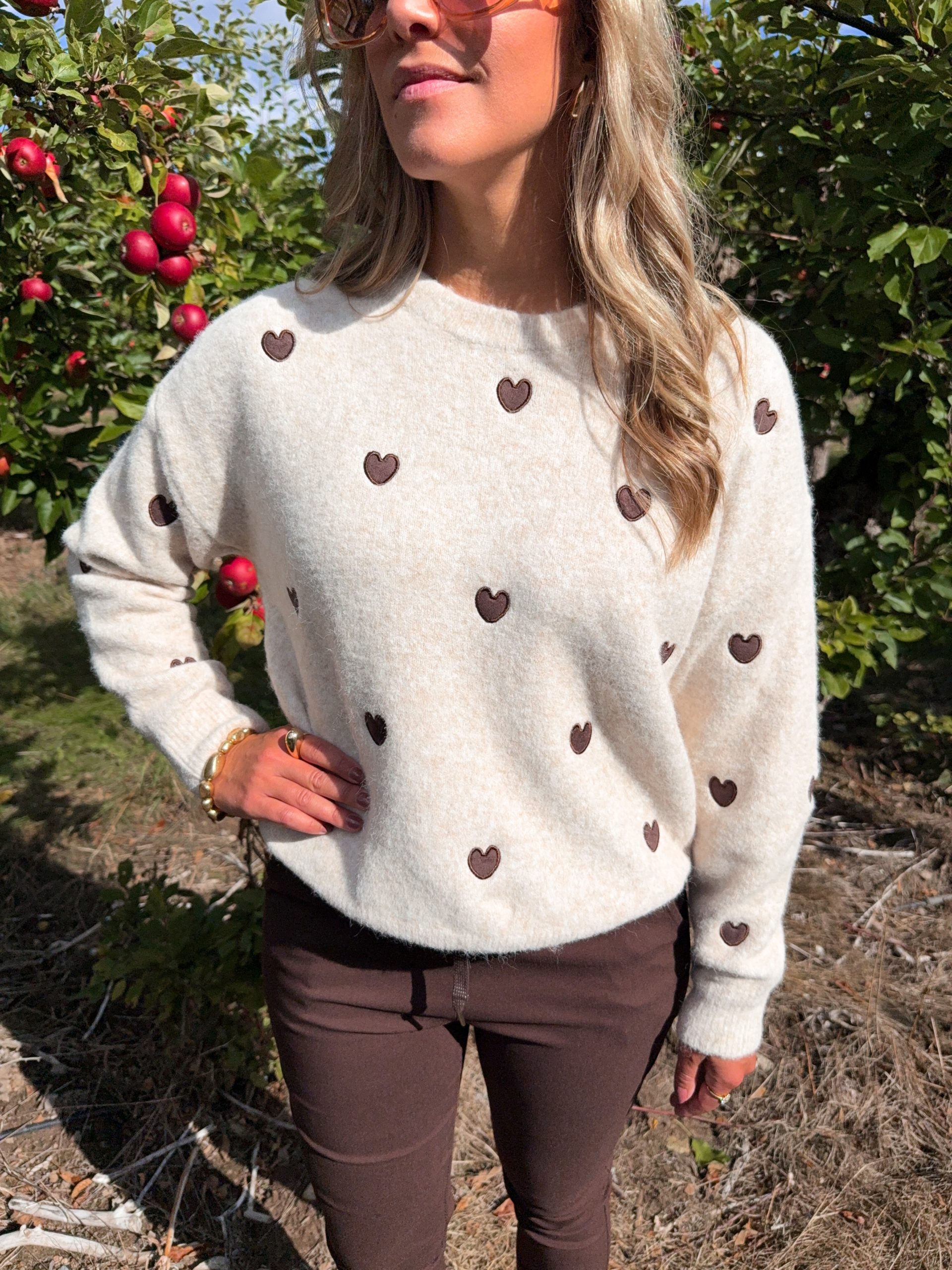Stickad Tröja - Hjärta - Beige/Brun