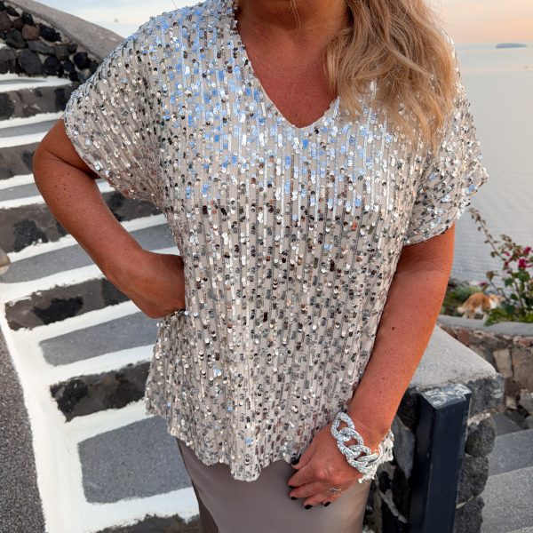 V-Ringad Paljettblus - Silver