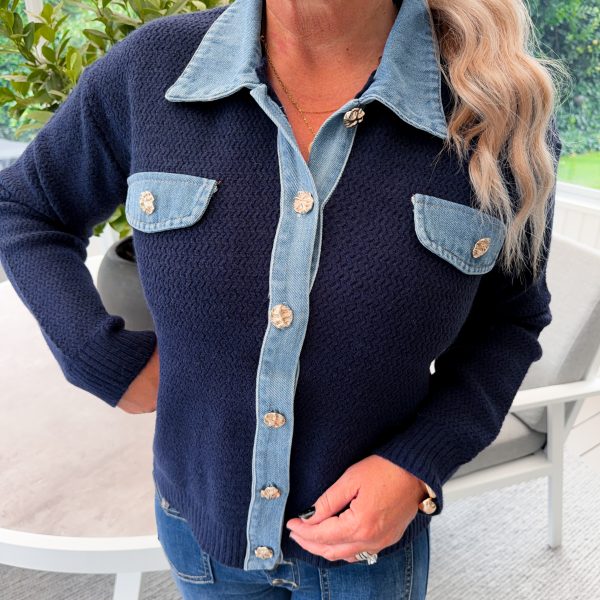 Stickad Kofta - Jeansdetaljer - Navy
