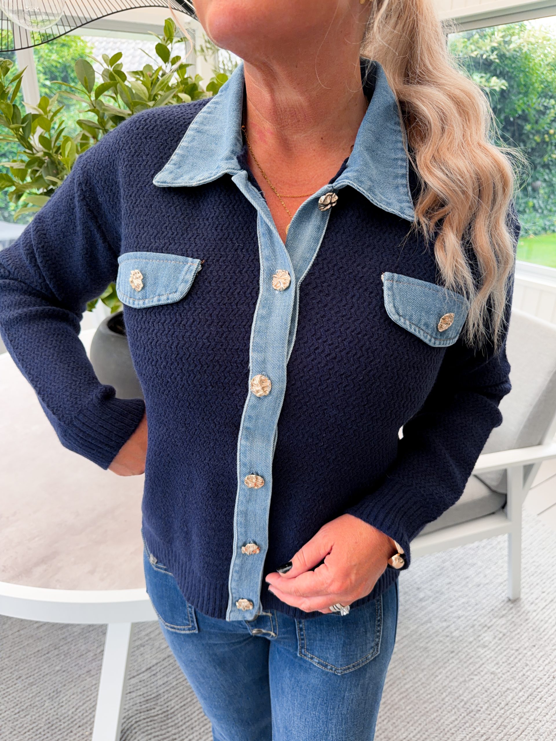 Stickad Kofta - Jeansdetaljer - Navy