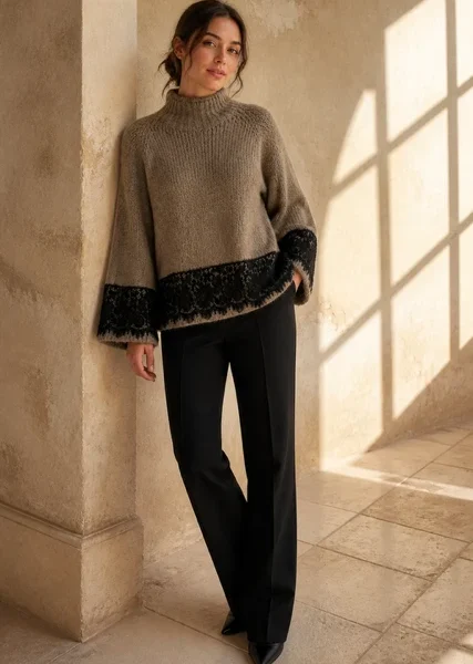 Valérie - Turtleneck knit sweater w lace - Taupe