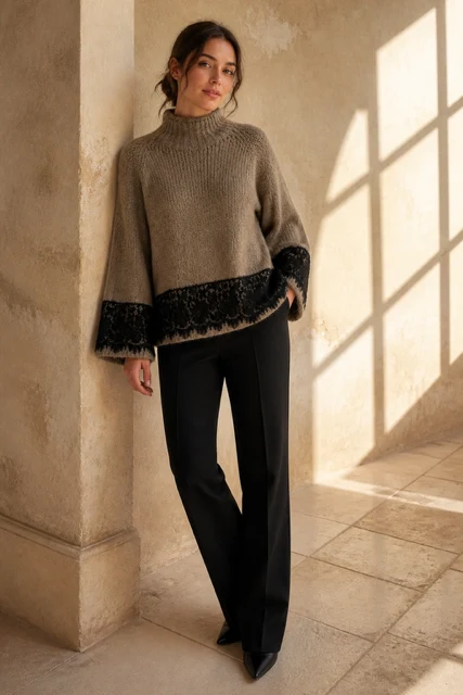 Valérie - Turtleneck knit sweater w lace - Taupe