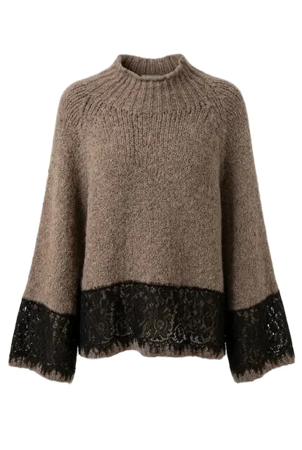 Valérie - Turtleneck knit sweater w lace - Taupe - Bild 2