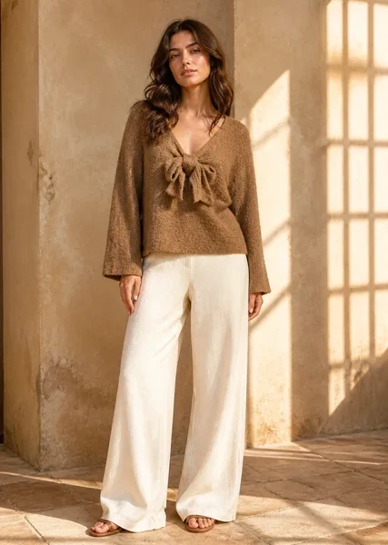 Lumi - Chunky Knit sweater w Bow - Camel
