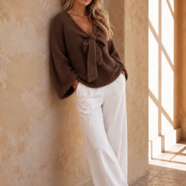 Lumi - Chunky Knit sweater w Bow - Dark Brown