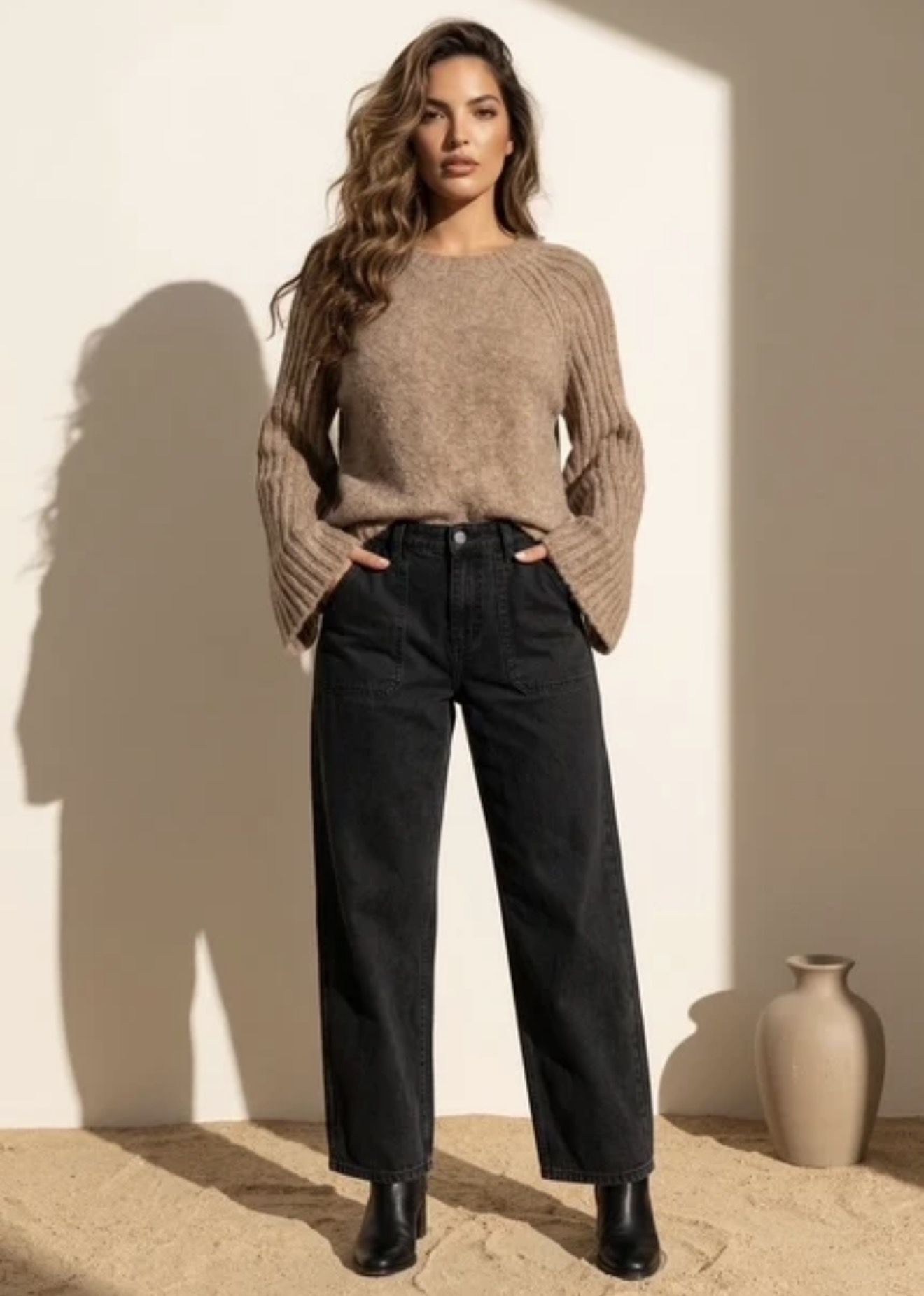 Viola - Knit Sweater w Belled sleeve - Sand